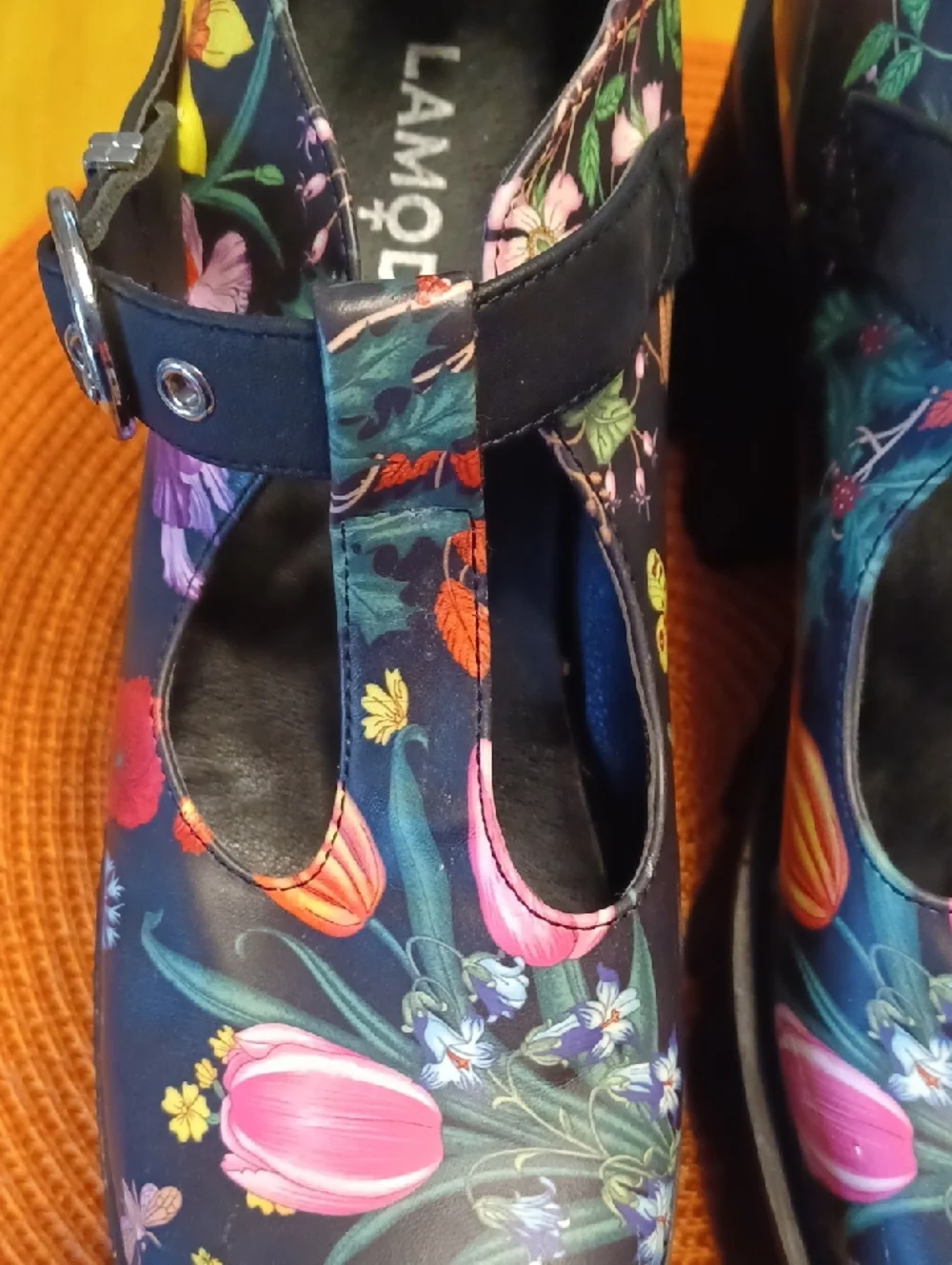 Platform Mary Jane Heeled Shoes in Floral Black
